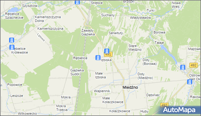 mapa Izbiska gmina Miedźno, Izbiska gmina Miedźno na mapie Targeo