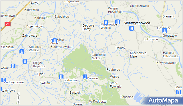 mapa Jadowniki Mokre gmina Wietrzychowice, Jadowniki Mokre gmina Wietrzychowice na mapie Targeo