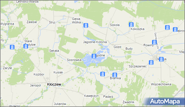 mapa Jagodne gmina Kłoczew, Jagodne gmina Kłoczew na mapie Targeo