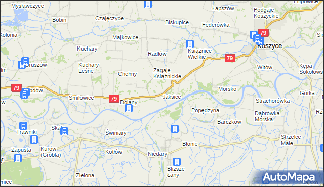 mapa Jaksice gmina Koszyce, Jaksice gmina Koszyce na mapie Targeo