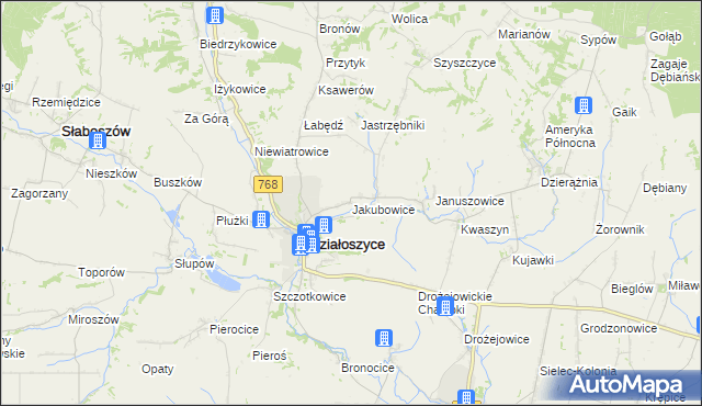 mapa Jakubowice gmina Działoszyce, Jakubowice gmina Działoszyce na mapie Targeo