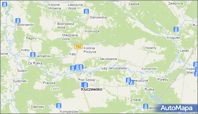 mapa Jakubowice gmina Kluczewsko, Jakubowice gmina Kluczewsko na mapie Targeo