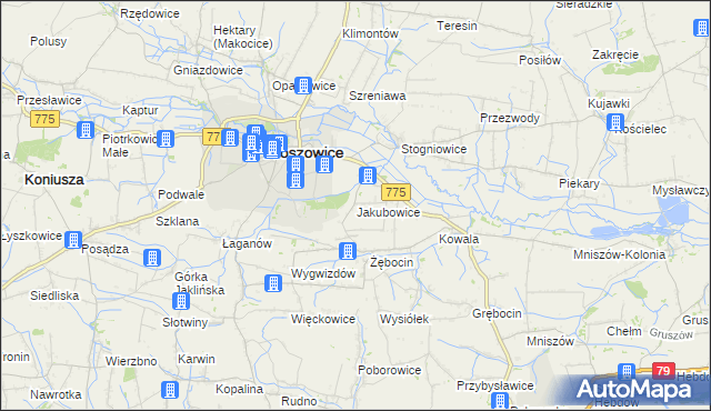 mapa Jakubowice gmina Proszowice, Jakubowice gmina Proszowice na mapie Targeo