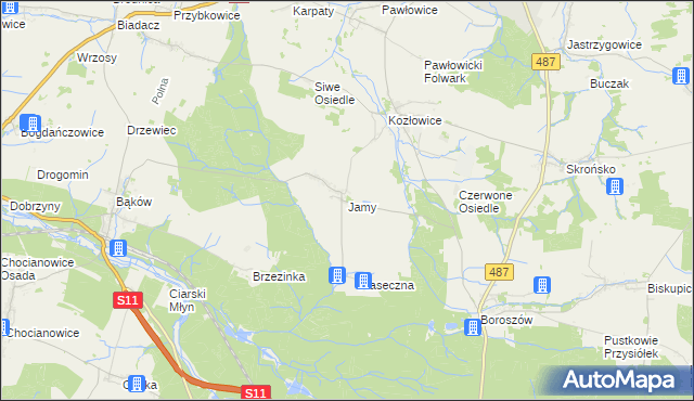 mapa Jamy gmina Gorzów Śląski, Jamy gmina Gorzów Śląski na mapie Targeo