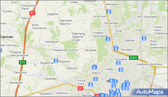 mapa Janiszew gmina Zakrzew, Janiszew gmina Zakrzew na mapie Targeo