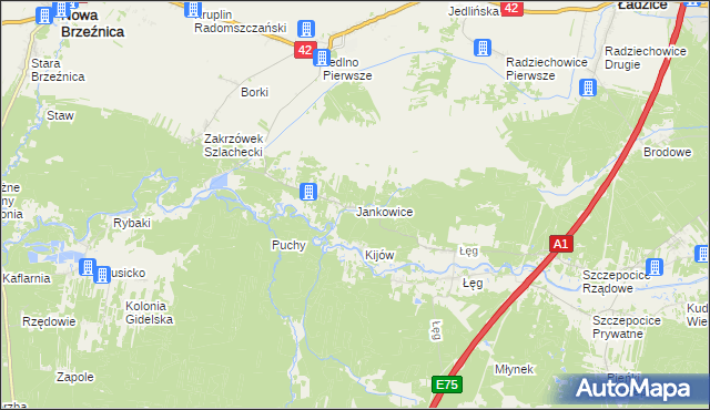 mapa Jankowice gmina Ładzice, Jankowice gmina Ładzice na mapie Targeo