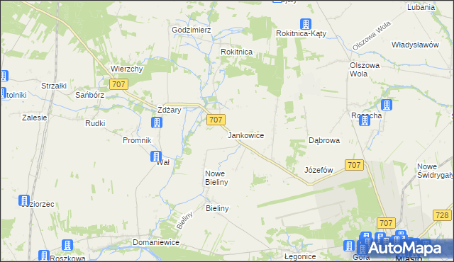 mapa Jankowice gmina Nowe Miasto nad Pilicą, Jankowice gmina Nowe Miasto nad Pilicą na mapie Targeo