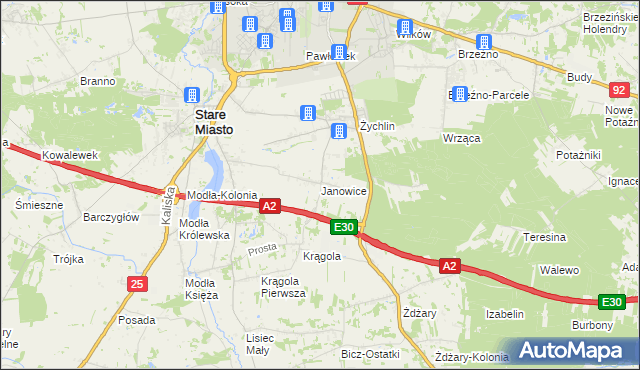 mapa Janowice gmina Stare Miasto, Janowice gmina Stare Miasto na mapie Targeo