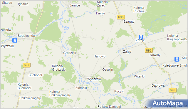 mapa Janowo gmina Liw, Janowo gmina Liw na mapie Targeo