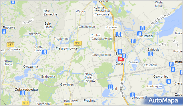 mapa Jarząbkowice gmina Pawłowice, Jarząbkowice gmina Pawłowice na mapie Targeo