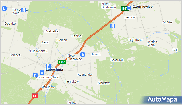 mapa Jasień gmina Lubochnia, Jasień gmina Lubochnia na mapie Targeo