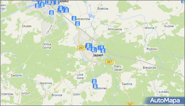 mapa Jasień powiat żarski, Jasień powiat żarski na mapie Targeo