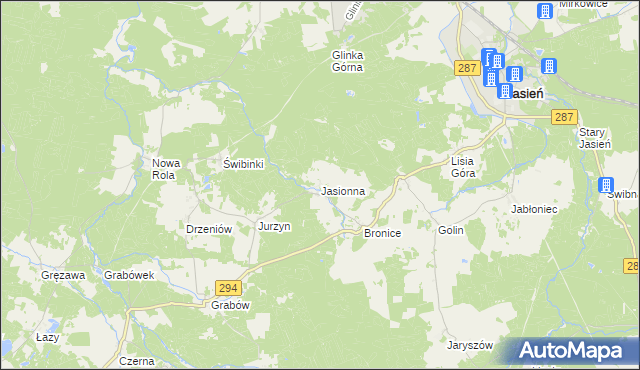 mapa Jasionna gmina Jasień, Jasionna gmina Jasień na mapie Targeo