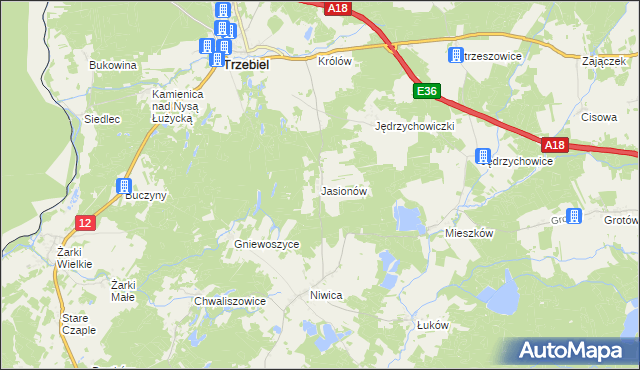 mapa Jasionów gmina Trzebiel, Jasionów gmina Trzebiel na mapie Targeo