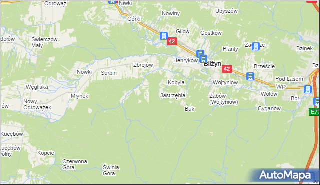 mapa Jastrzębia gmina Bliżyn, Jastrzębia gmina Bliżyn na mapie Targeo