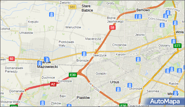 mapa Jawczyce gmina Ożarów Mazowiecki, Jawczyce gmina Ożarów Mazowiecki na mapie Targeo