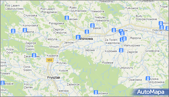 mapa Jazowa gmina Wiśniowa, Jazowa gmina Wiśniowa na mapie Targeo