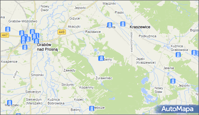 mapa Jaźwiny gmina Kraszewice, Jaźwiny gmina Kraszewice na mapie Targeo