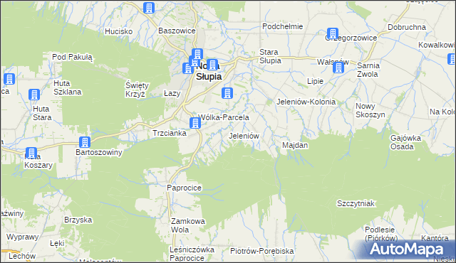 mapa Jeleniów gmina Nowa Słupia, Jeleniów gmina Nowa Słupia na mapie Targeo