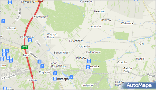 mapa Jordanów gmina Brzeziny, Jordanów gmina Brzeziny na mapie Targeo