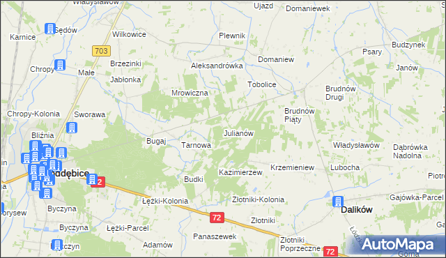 mapa Julianów gmina Dalików, Julianów gmina Dalików na mapie Targeo