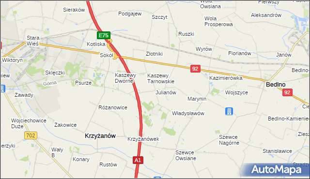 mapa Julianów gmina Krzyżanów, Julianów gmina Krzyżanów na mapie Targeo