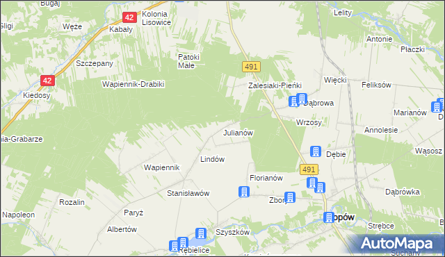 mapa Julianów gmina Lipie, Julianów gmina Lipie na mapie Targeo