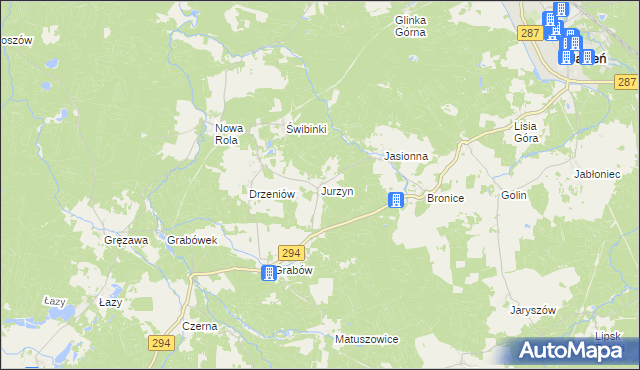 mapa Jurzyn gmina Jasień, Jurzyn gmina Jasień na mapie Targeo