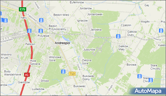 mapa Justynów gmina Andrespol, Justynów gmina Andrespol na mapie Targeo