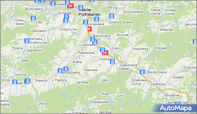 mapa Juszczyn gmina Maków Podhalański, Juszczyn gmina Maków Podhalański na mapie Targeo