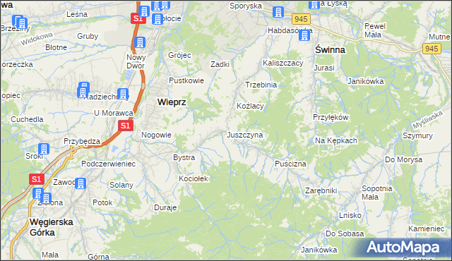 mapa Juszczyna, Juszczyna na mapie Targeo
