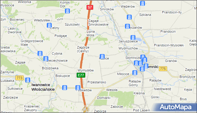 mapa Kacice gmina Słomniki, Kacice gmina Słomniki na mapie Targeo