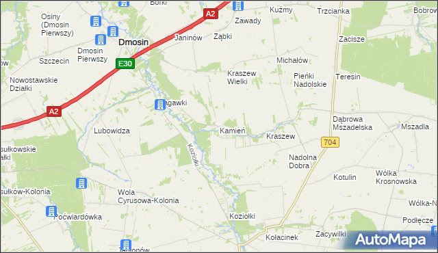 mapa Kamień gmina Dmosin, Kamień gmina Dmosin na mapie Targeo