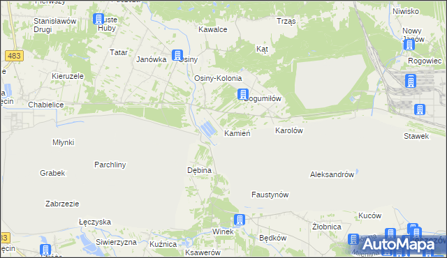 mapa Kamień gmina Kleszczów, Kamień gmina Kleszczów na mapie Targeo