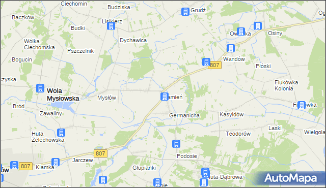 mapa Kamień gmina Wola Mysłowska, Kamień gmina Wola Mysłowska na mapie Targeo