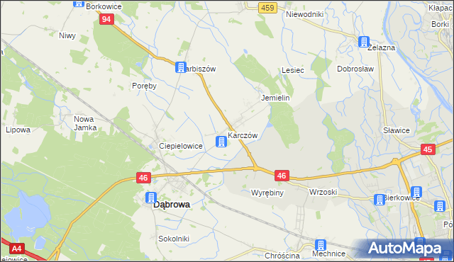 mapa Karczów gmina Dąbrowa, Karczów gmina Dąbrowa na mapie Targeo