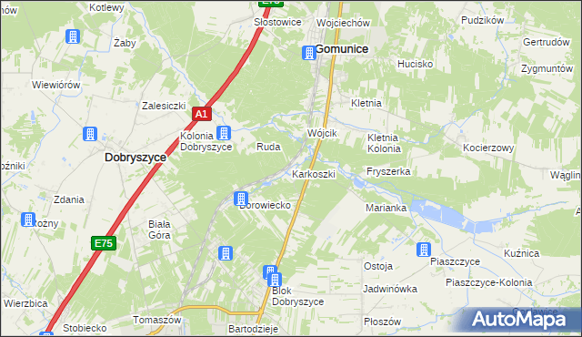 mapa Karkoszki gmina Gomunice, Karkoszki gmina Gomunice na mapie Targeo