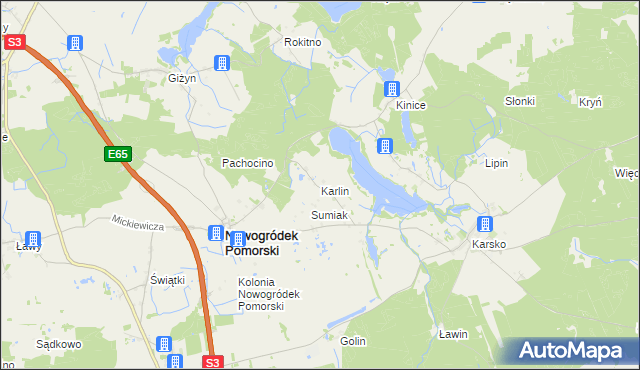 mapa Karlin gmina Nowogródek Pomorski, Karlin gmina Nowogródek Pomorski na mapie Targeo