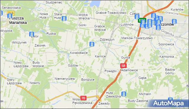 mapa Karnice gmina Puszcza Mariańska, Karnice gmina Puszcza Mariańska na mapie Targeo