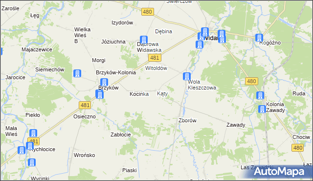 mapa Kąty gmina Widawa, Kąty gmina Widawa na mapie Targeo