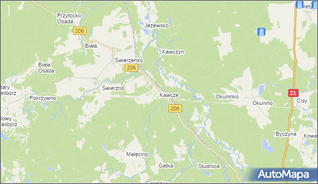 mapa Kawcze gmina Miastko, Kawcze gmina Miastko na mapie Targeo