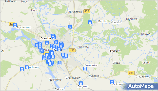 mapa Kawcze gmina Śrem, Kawcze gmina Śrem na mapie Targeo