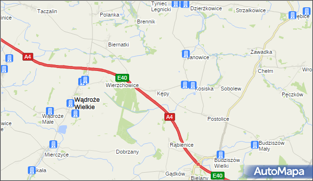 mapa Kępy gmina Wądroże Wielkie, Kępy gmina Wądroże Wielkie na mapie Targeo