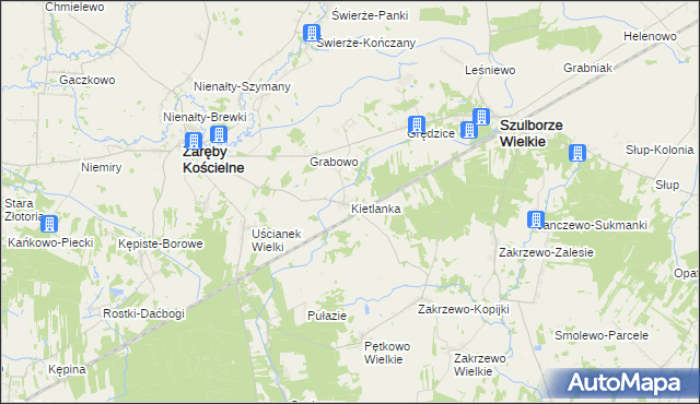 mapa Kietlanka gmina Zaręby Kościelne, Kietlanka gmina Zaręby Kościelne na mapie Targeo