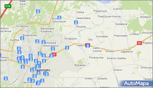 mapa Kietlin gmina Radomsko, Kietlin gmina Radomsko na mapie Targeo