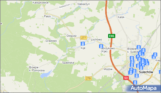 mapa Kije gmina Sulechów, Kije gmina Sulechów na mapie Targeo