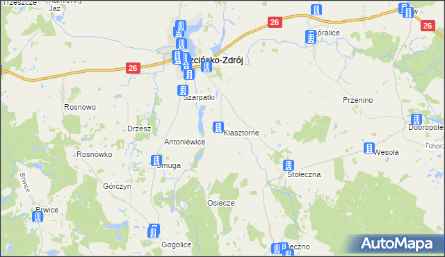 mapa Klasztorne gmina Trzcińsko-Zdrój, Klasztorne gmina Trzcińsko-Zdrój na mapie Targeo