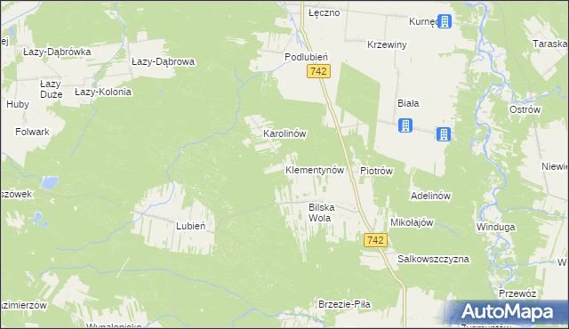 mapa Klementynów gmina Sulejów, Klementynów gmina Sulejów na mapie Targeo