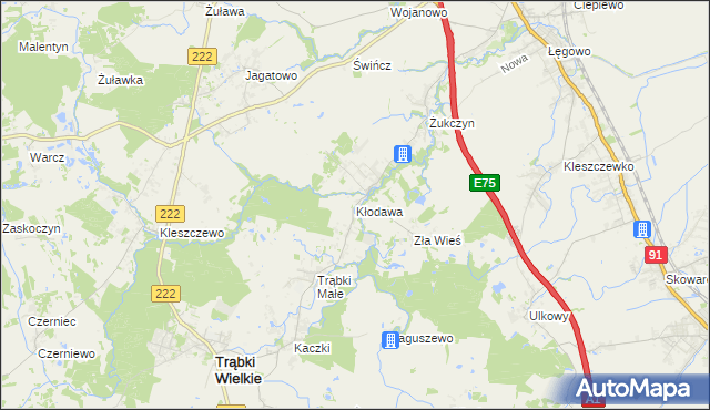 mapa Kłodawa gmina Trąbki Wielkie, Kłodawa gmina Trąbki Wielkie na mapie Targeo