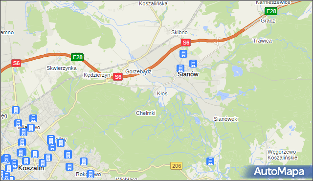 mapa Kłos gmina Sianów, Kłos gmina Sianów na mapie Targeo